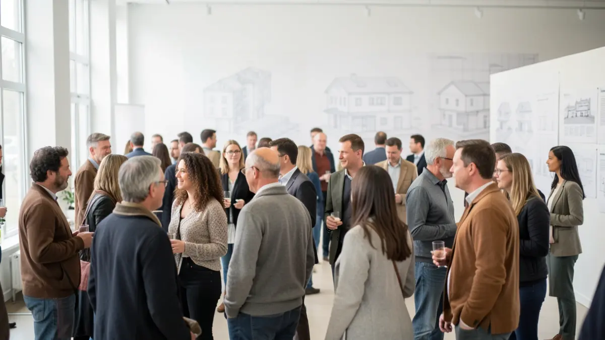 Generic image of an event with many attendees and architectural plans in the background.