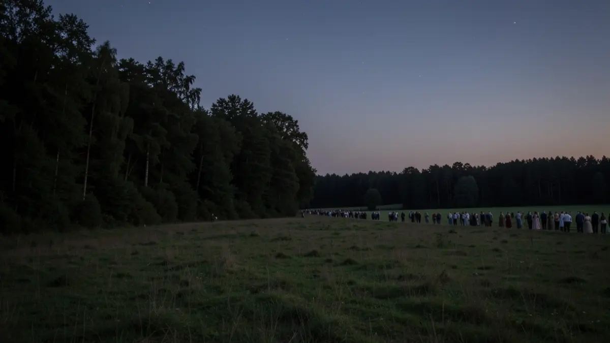 Generic image of a quiet natural area at dusk in Flanders, with a dark forest edge and a peaceful meadow.