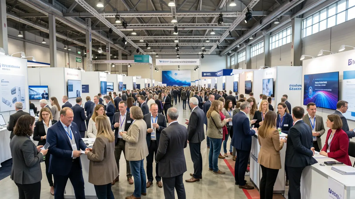 Generieke afbeelding van een drukke jobbeurs met werkzoekenden en werkgevers in gesprek aan verschillende stands.