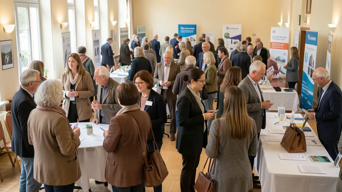A diverse group of people in conversation at a job fair in a community center.