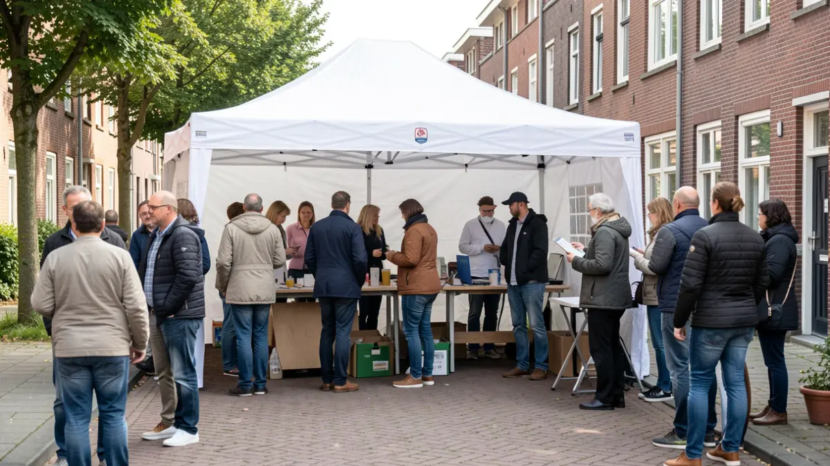 A temporary pop-up neighborhood office in a residential area in Wilrijk, Antwerp, with residents interacting with staff.
