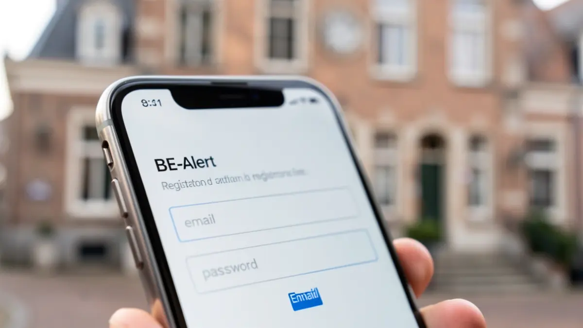 Scherm van een smartphone met de registratiepagina van BE-Alert, met op de achtergrond de vage gevel van een Vlaams stadhuis.