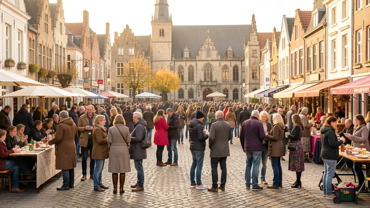 Generieke afbeelding van een levendig dorpsplein in Vlaanderen met mensen die genieten van activiteiten en ontmoetingen, met historische architectuur op de achtergrond en zacht herfstlicht.