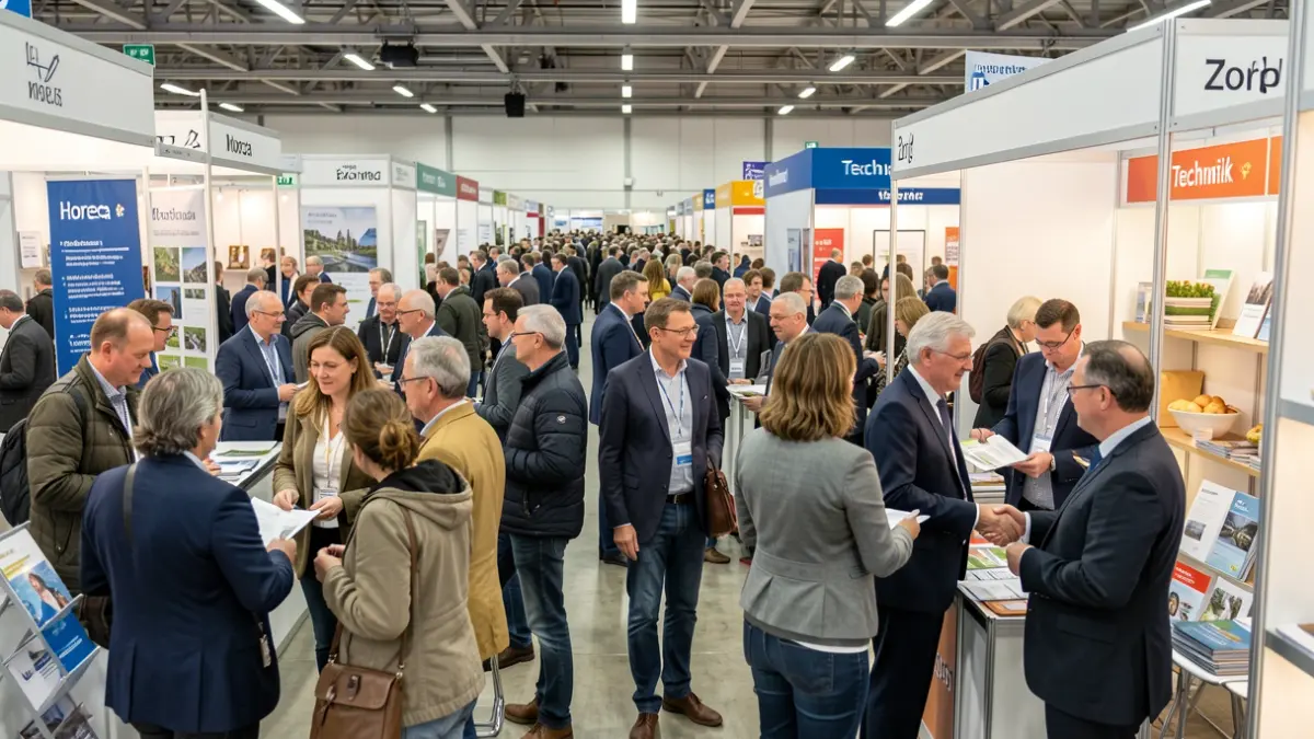 Generieke afbeelding van een jobbeurs met werkzoekenden en werkgevers in gesprek.