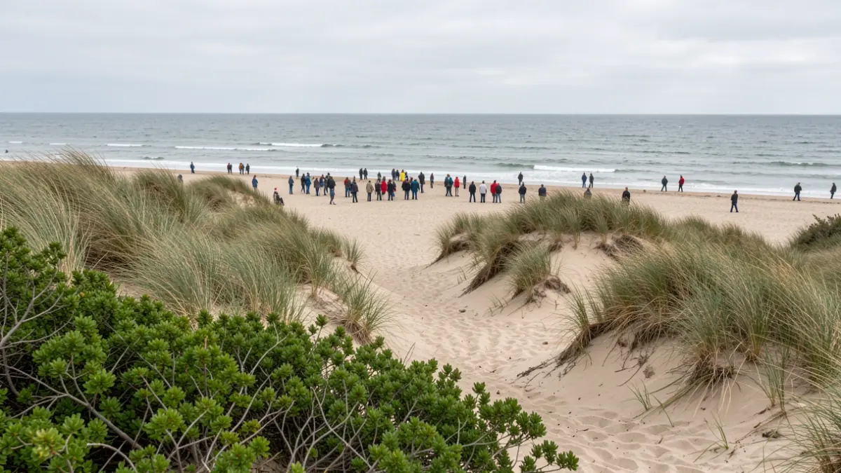 Dunes with vegetation on the coast, with the sea in the background.