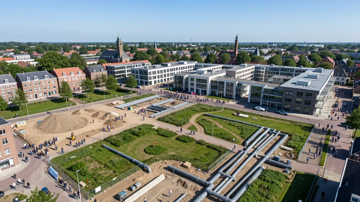 Aerial view of a mixed-use development project in Kortrijk, Belgium, showing construction pipes and green spaces, with integrated modern and historical buildings, under a clear blue sky.
