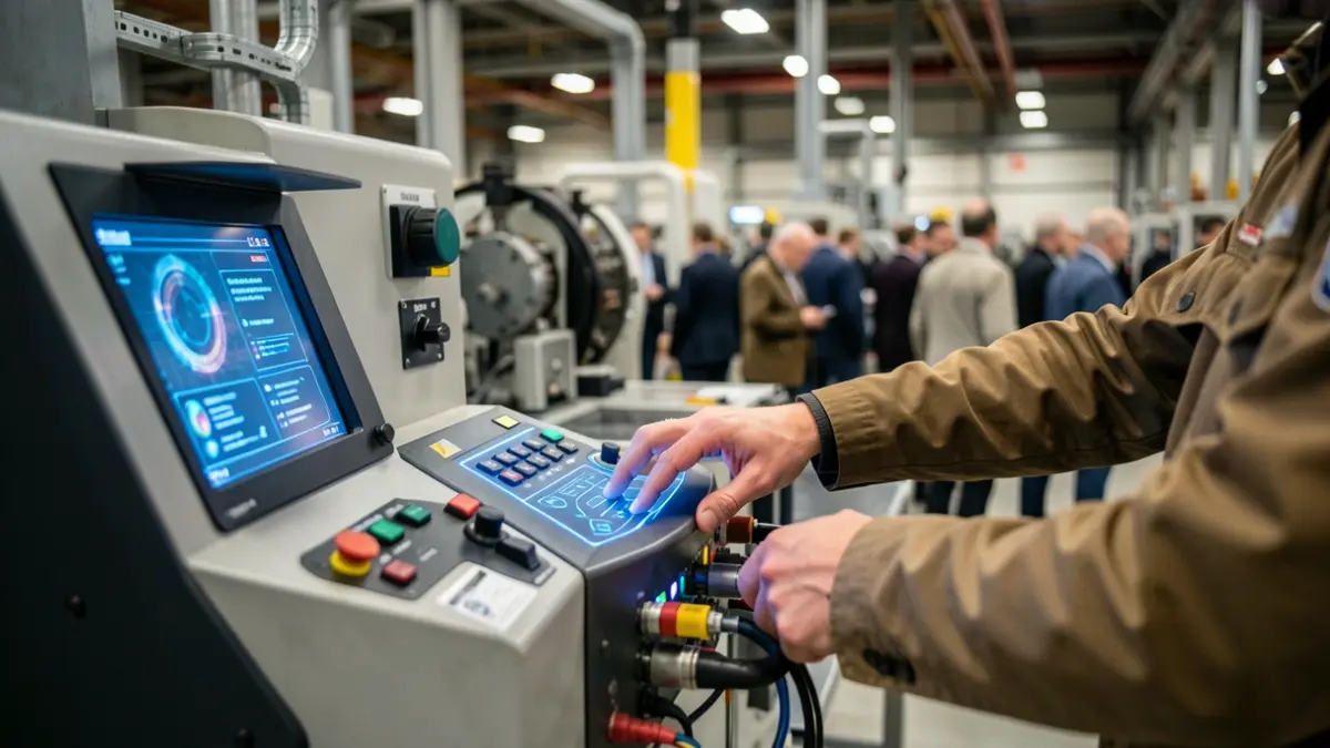 Detailed close-up of hands operating an advanced machine with digital screens in a factory, with a blurred industrial background.