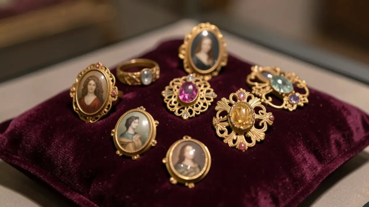 Generieke afbeelding van antieke gouden broches en ringen met edelstenen, sommige met miniatuurportretten of haarlokken, tentoongesteld op een fluwelen kussen, zachte museumverlichting, geringe scherptediepte.