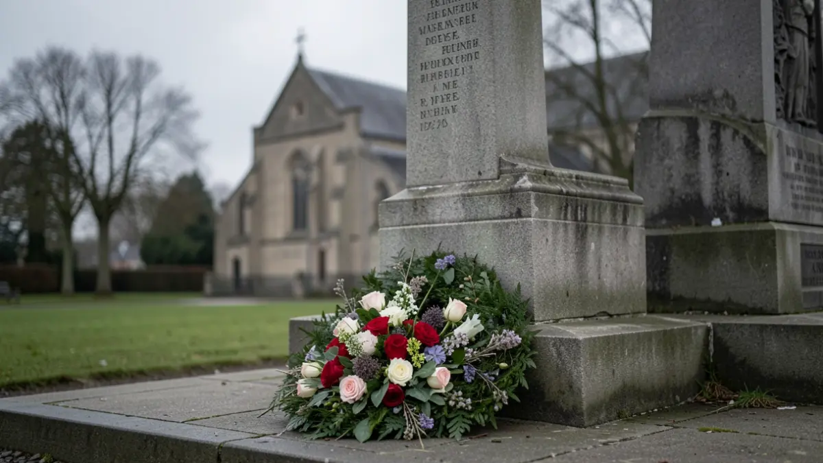 Generic image of a war memorial with a wreath of flowers, near a church in Flanders.