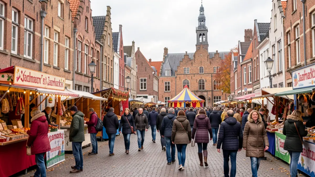 Levendige straatscène van een jaarmarkt in een Vlaamse stad met marktkramen, feesttent en bezoekers. Traditionele Vlaamse architectuur op de achtergrond.