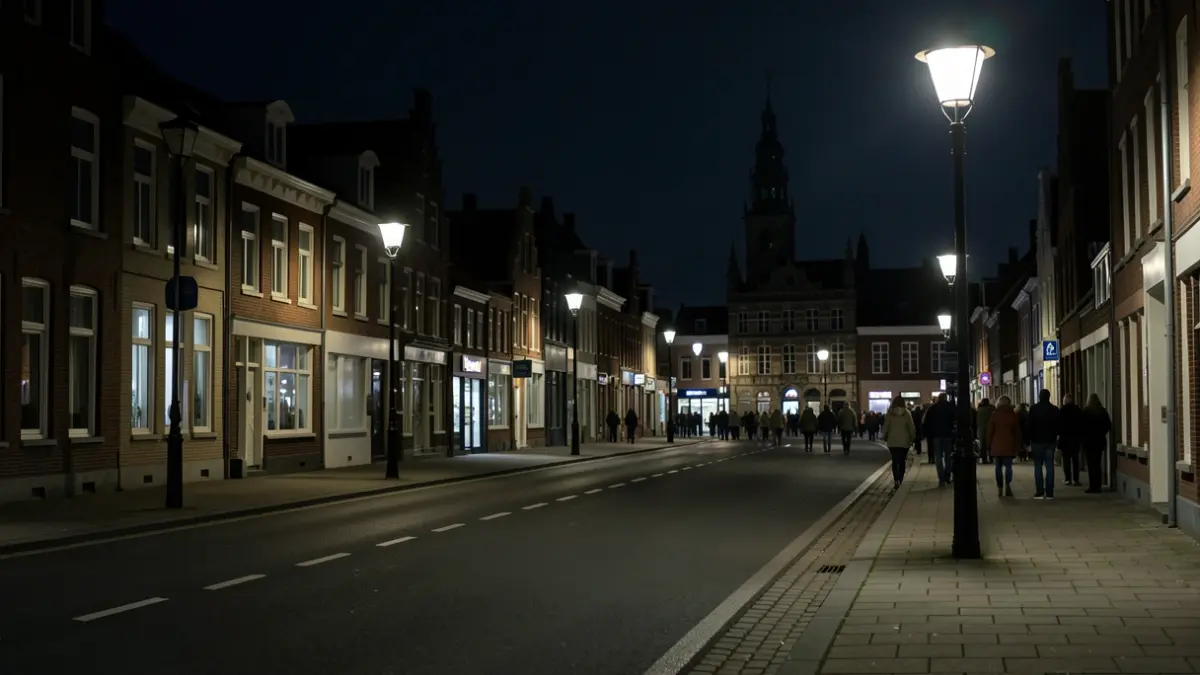 Generieke afbeelding van straatverlichting in een Belgische gemeente 's nachts, met gedimde en verlichte zones.
