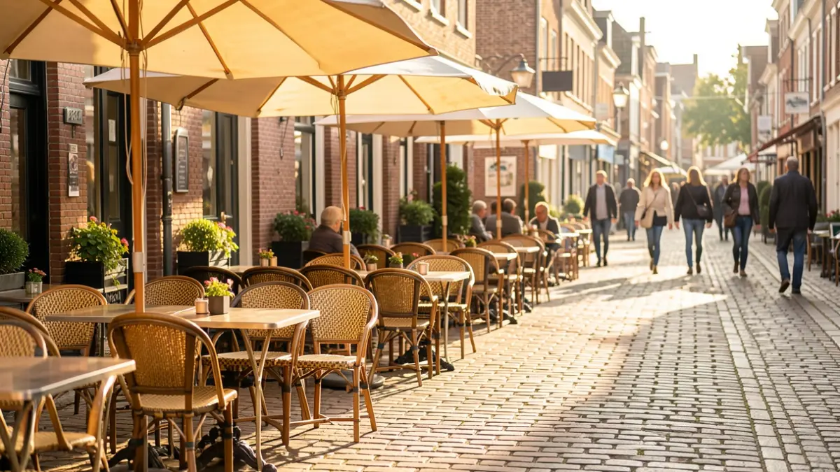Generieke afbeelding van een zonnig terras met verplaatsbare tafels en stoelen op een Vlaamse kasseistraat, warme middagzon, geen mensen zichtbaar.