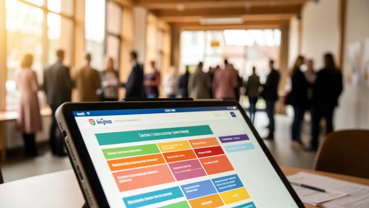 Digitale tablet met een enquête voor jongeren in een lichte gemeenschapsruimte.