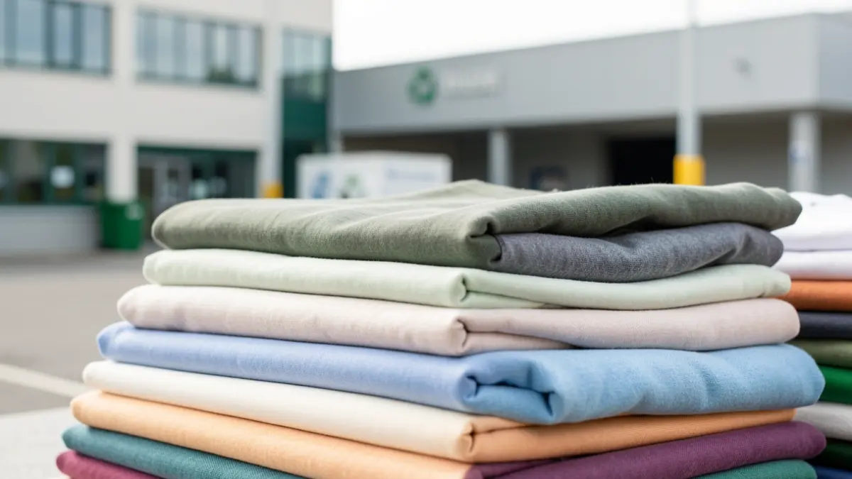 A close-up of a pile of neatly folded textiles in various colors, with a blurred background of a modern recycling center or municipal building. Soft, natural lighting.