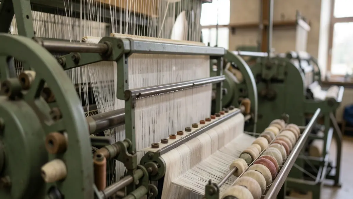 Generic image of textile machinery with threads and bobbins, soft diffused light, shallow depth of field.