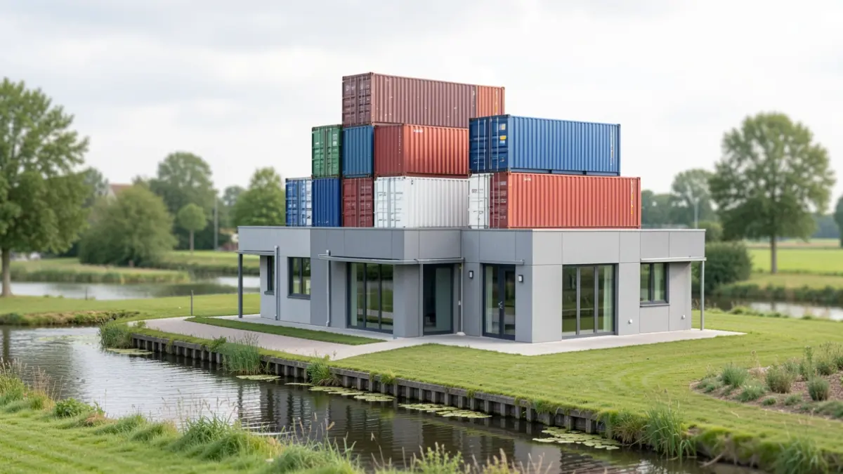 Generic image of a modern building with shipping containers on its roof, situated by a canal in Flanders.