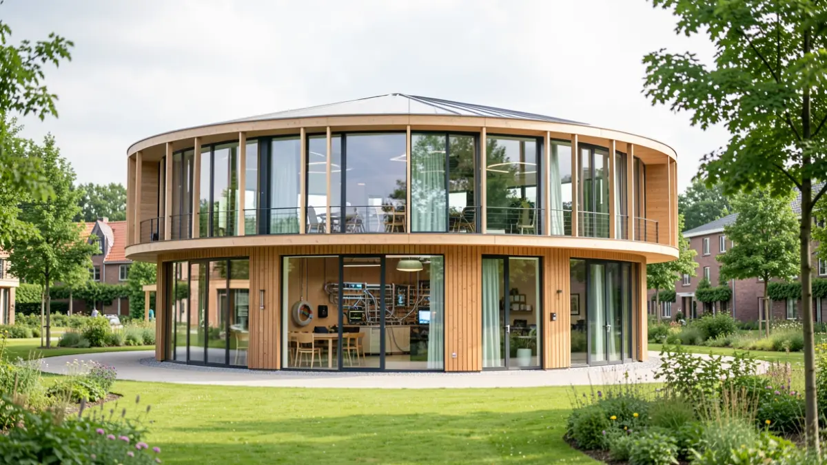 Modern circular building with bio-ecological materials and innovative energy system, designed for collaboration, located in a green science park setting in Flanders, soft daylight.