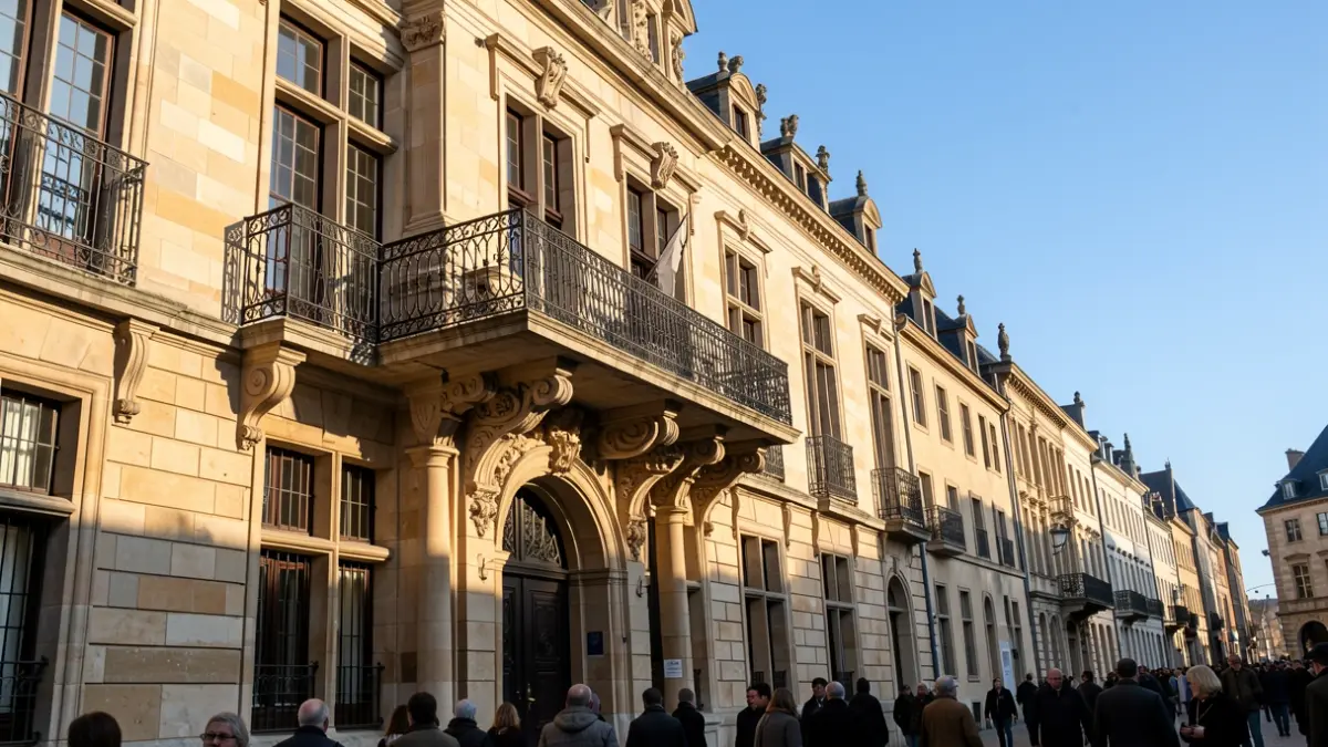 Facade of a historic Flemish town hall with an ornate balcony and iron railings, bathed in warm afternoon sunlight casting long shadows on the sandstone walls, clear blue sky.