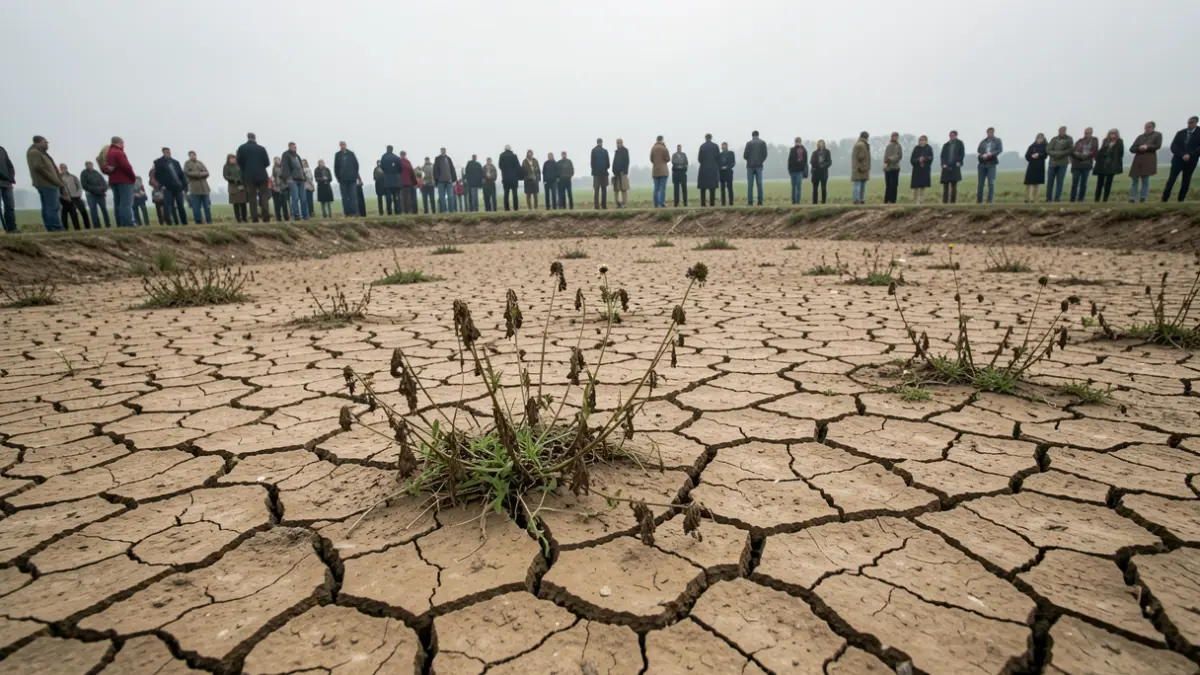 Generieke afbeelding van een droge rivierbedding in Vlaanderen met gebarsten aarde en enkele verwelkende planten onder een heiige, bewolkte hemel.