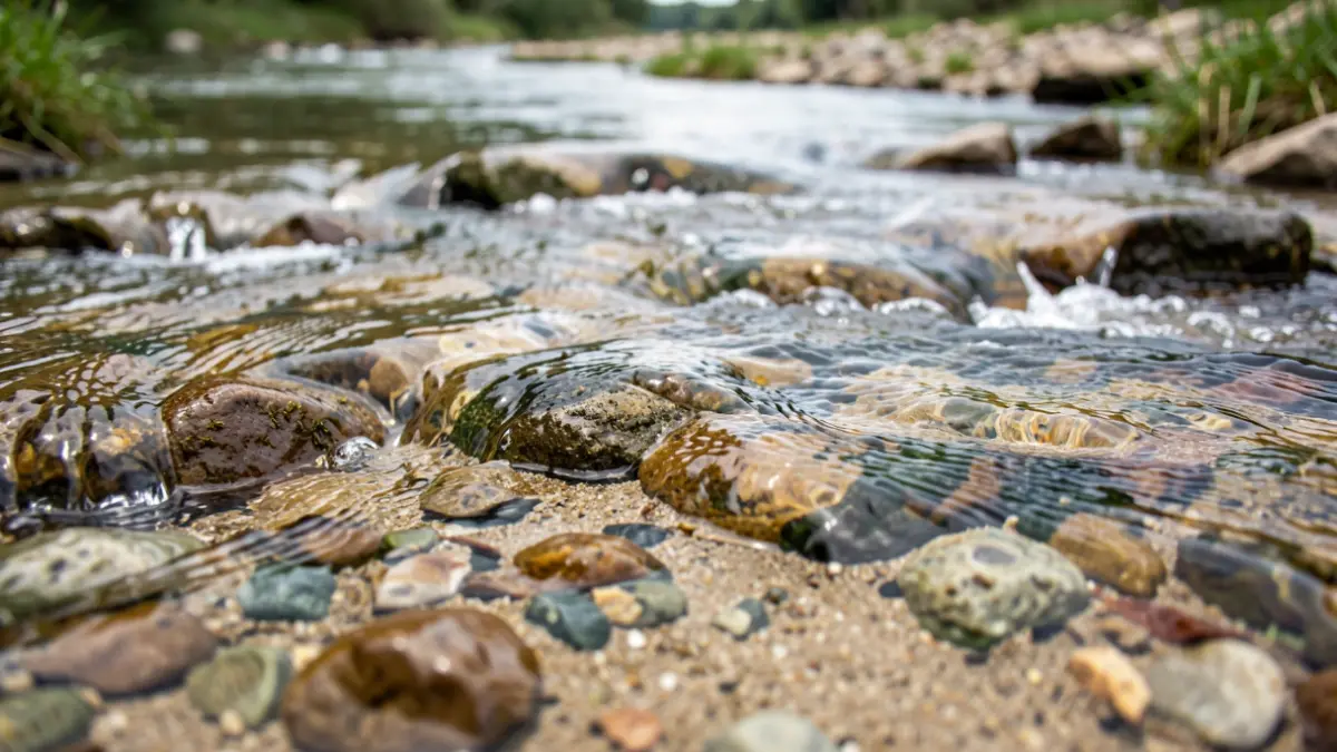 Generieke afbeelding van stromend water in een rivierbedding met zichtbare kiezels en zand, helder water dat de bodem toont, zacht natuurlijk licht, geringe scherptediepte, Vlaams landschap.