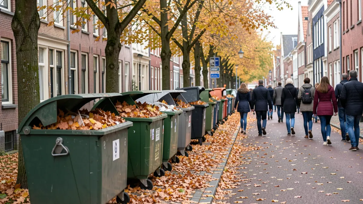 Temporary leaf collection bins along a tree-lined street in a Flemish municipality, autumn leaves on the ground.