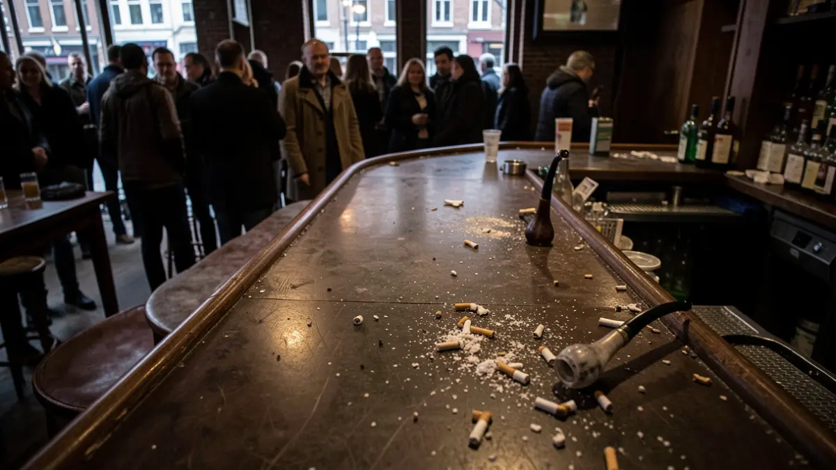 Lege toog in een Antwerpse horecazaak met sigarettenpeuken en een waterpijp.