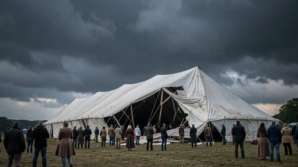 Generieke afbeelding van een tentconstructie die gedeeltelijk losgekomen is door hevige wind, tegen een donkere, stormachtige hemel. Geen personen zichtbaar.