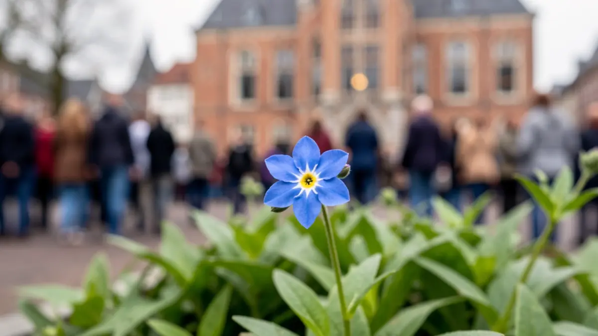 Generieke afbeelding van een vergeet-mij-nietje met op de achtergrond een vage stadhuisgevel in Vlaanderen.