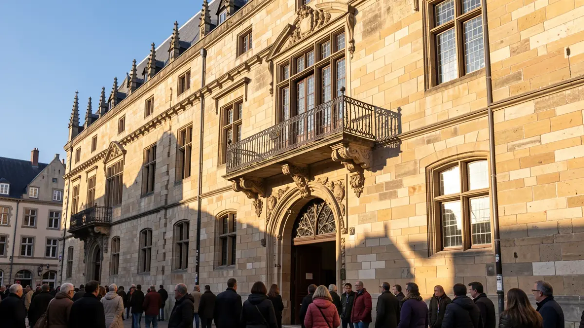 Generic image of the facade of a historic Flemish town hall with an ornate balcony and iron railings, bathed in warm afternoon sunlight casting long shadows on the sandstone walls, clear blue sky, documentary photography style.