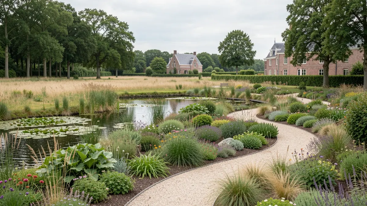 Generieke afbeelding van een hedendaagse tuin in Vlaanderen, geïnspireerd door diverse landschappen zoals water, velden, bossen en duinen, met wandelpaden en historische elementen.