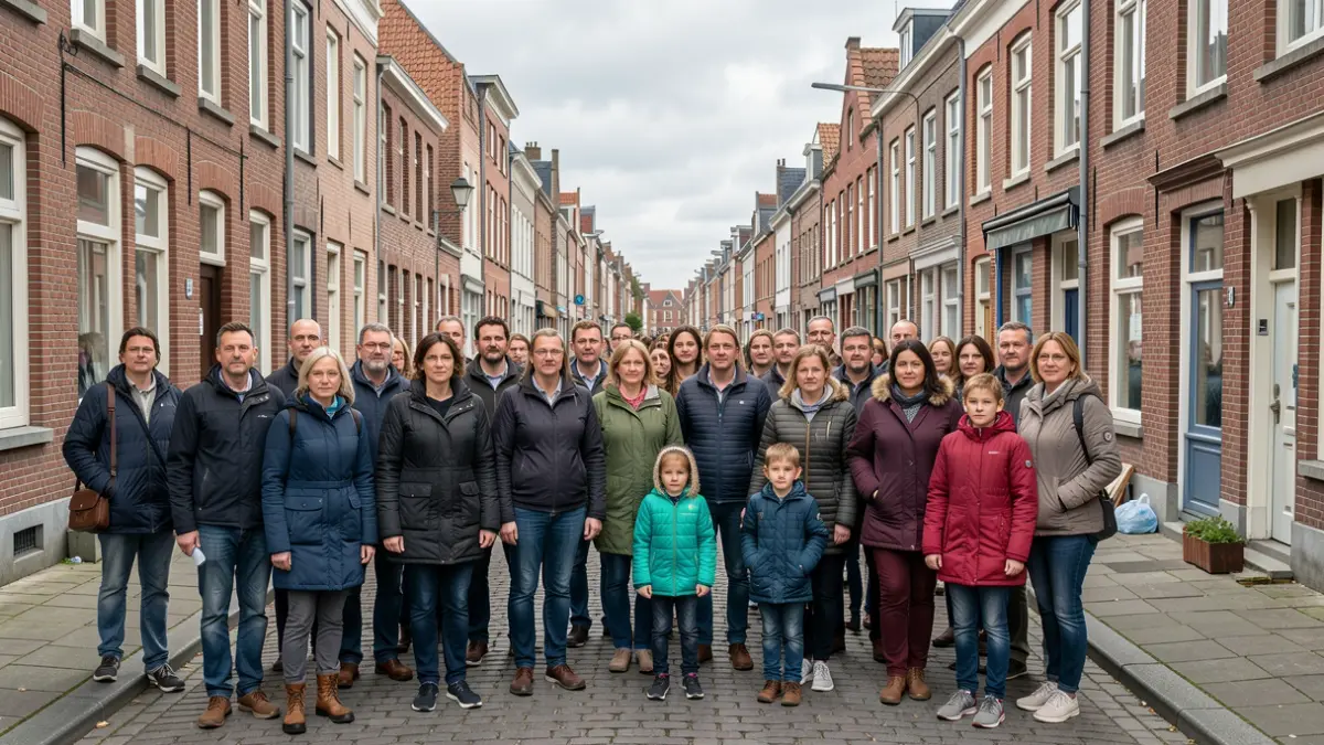 Groep mensen, inclusief kinderen, op straat in Vlaamse stad met bakstenen huizen en bewolkte hemel.
