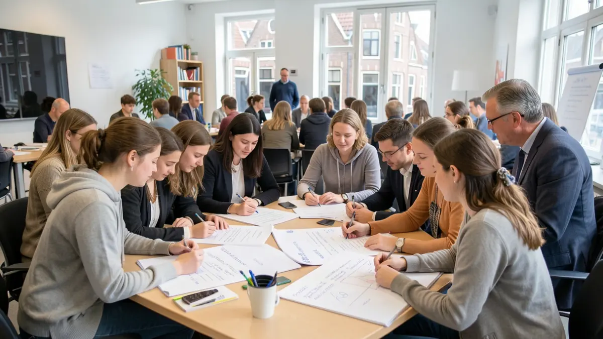 Generic image of a diverse group of young people actively participating in a policy lab session with policymakers and educators in a modern meeting room, with a hint of Flemish architecture in the background.