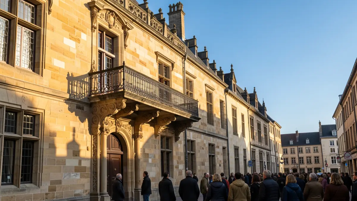 Generic image of the facade of a historic Flemish town hall with an ornate balcony and iron railings, bathed in warm afternoon sunlight casting long shadows on the sandstone walls, clear blue sky, documentary photography style.