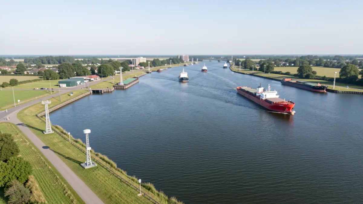 Luchtfoto van het Kanaal Gent-Terneuzen met schepen en nieuwe radarposten.