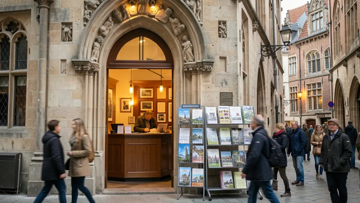 Generieke afbeelding van de gevel van een Vlaams gemeentehuis met een onthaalbalie binnenin, een wazig persoon achter de balie en een display met brochures. Warme, uitnodigende binnenverlichting.