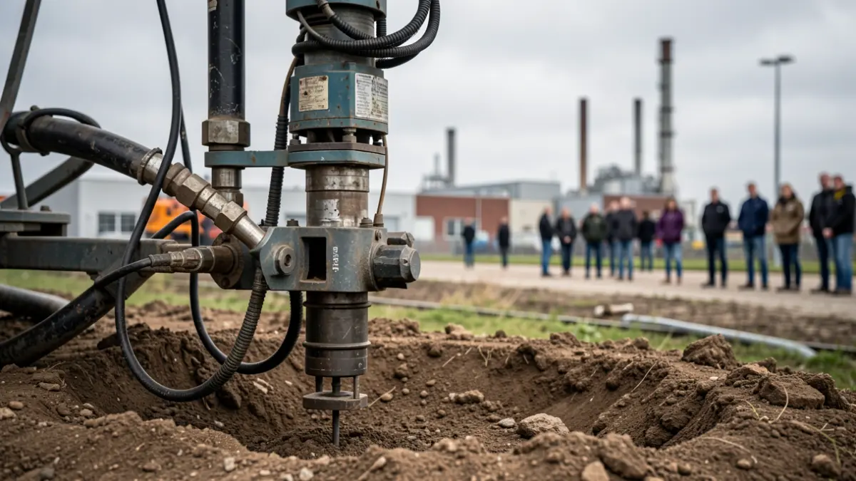 Generieke afbeelding van gespecialiseerde industriële boorapparatuur op een stuk bewerkte aarde, met op de achtergrond een vage industriële site in Vlaanderen onder een bewolkte hemel.