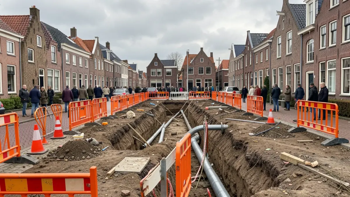 Generic image of a construction site with orange barriers and cones on a street in Flanders, with partially dug trenches and pipes visible. In the background, typical Flemish brick houses and a cloudy sky.