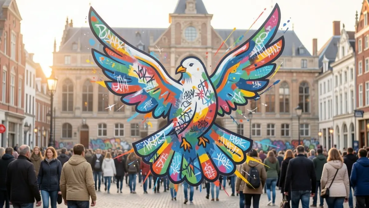 Generieke afbeelding van een symbolische vredesduif verweven met abstracte vormen van straatkunst en beweging, tegen de achtergrond van een Vlaamse stadhuisgevel. Zachte, hoopvolle belichting.