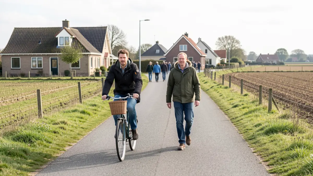 Cyclists and pedestrians sharing a road in a Flemish rural area with houses and farmland in the background.