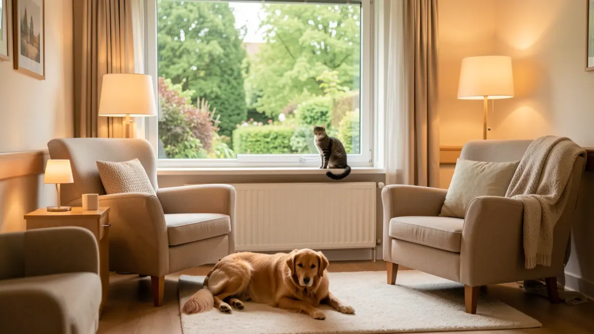 Generic image of a hospital room designed as a cozy garden room, featuring comfortable seating and the presence of a dog and a cat. The atmosphere is calming and homely.