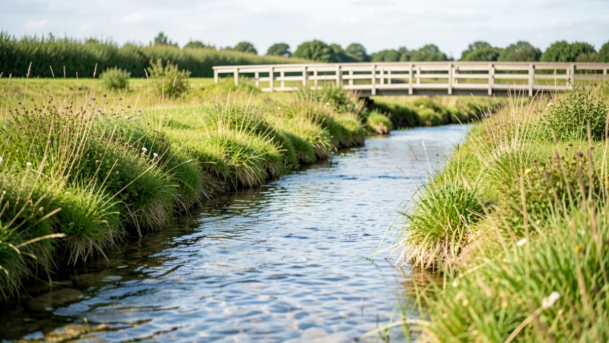 A natural stream with gentle, vegetated banks in a Flemish landscape, featuring a wooden boardwalk in the background.