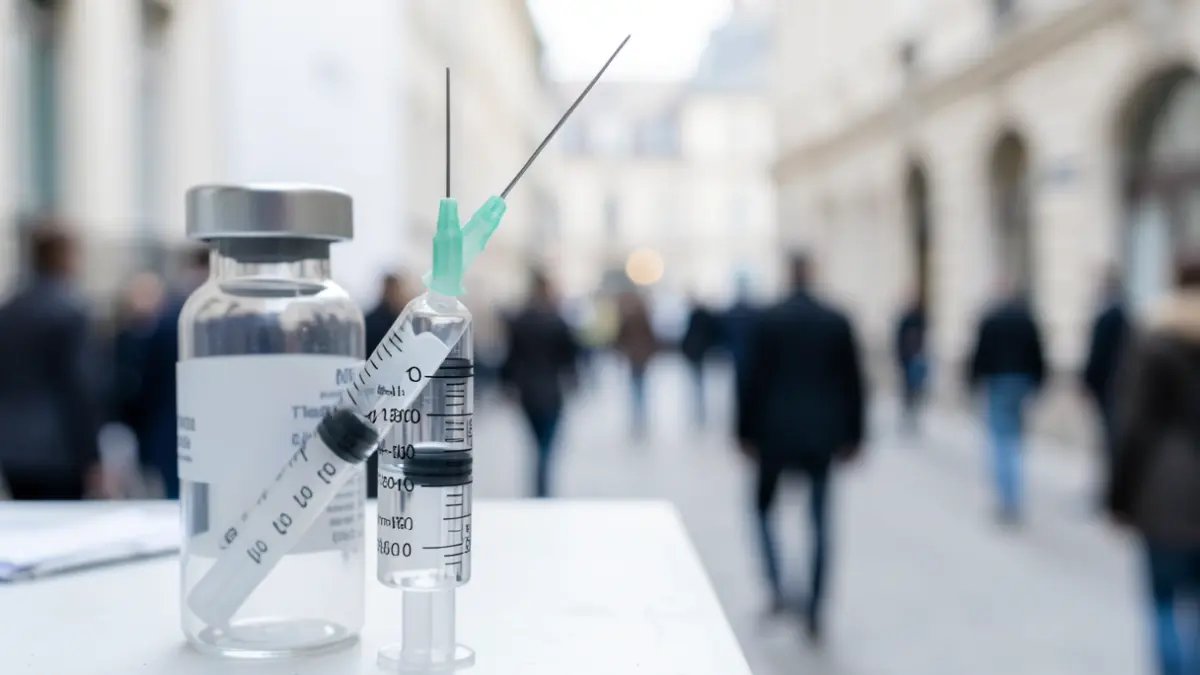 Generic image of a medical syringe with a vaccine in the background, soft focus, sterile environment.