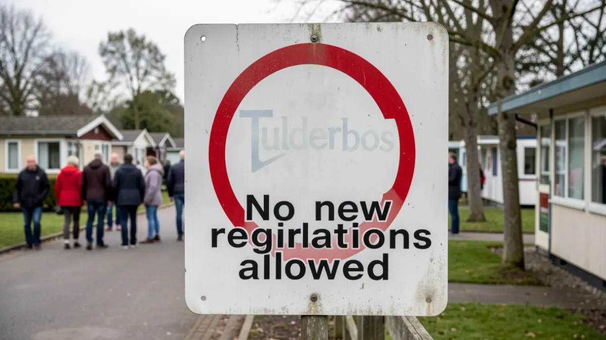Generic image of a sign indicating 'No new registrations allowed' with a faded holiday park logo in the background, conveying a sense of transition.