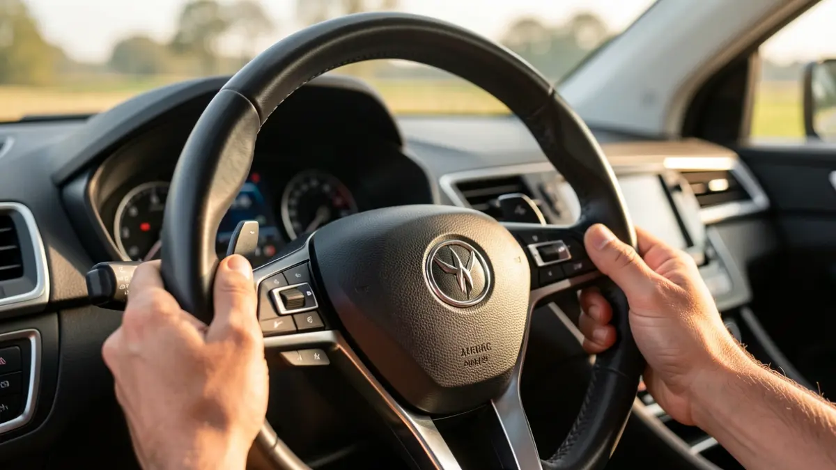 Generic image of an adapted car steering wheel with hand controls.
