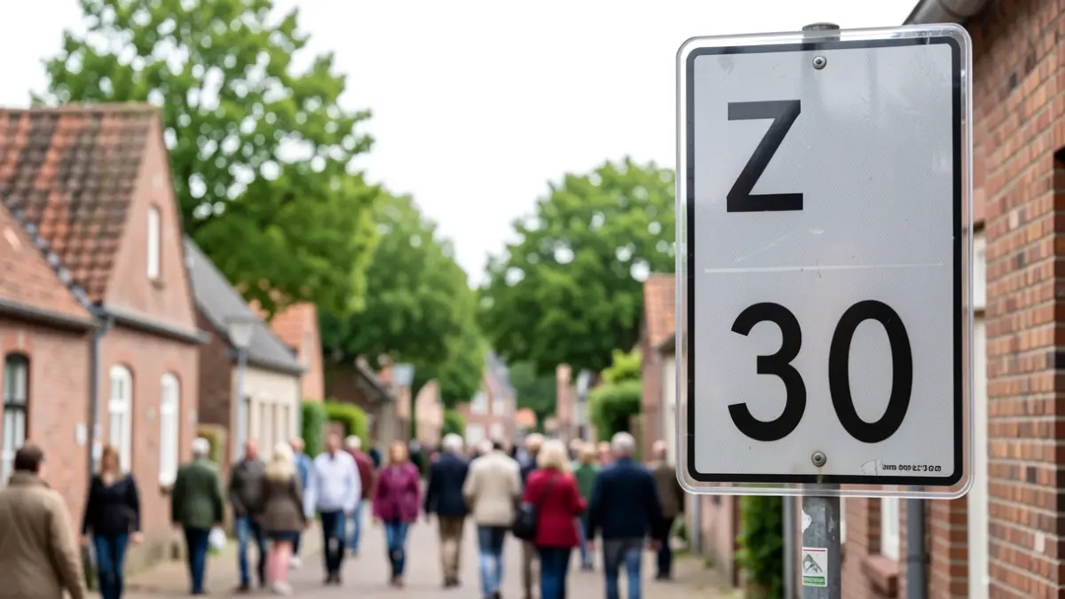 Verkeersbord 'Zone 30' in een Vlaamse dorpskern met traditionele bakstenen huizen op de achtergrond.