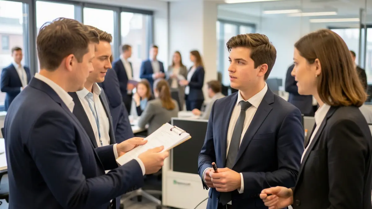 Generic image of a job interview simulation between students and job seekers in an office setting.