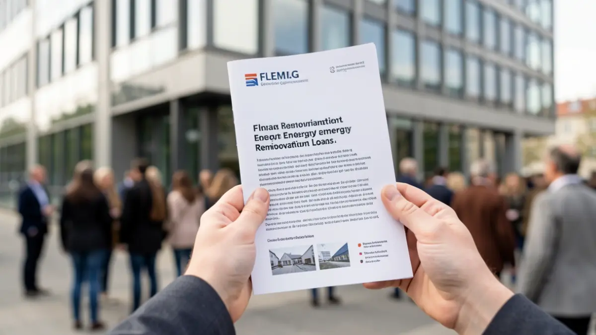 Close-up of a hand holding a Flemish government brochure about energy renovation loans, with a blurred background of a modern office building facade.