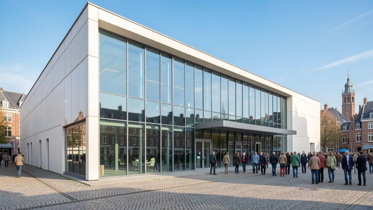 Generic image of the facade of a modern meeting center with large glass windows and clean lines, against a bright blue sky. Subtle hints of Flemish architecture in the surrounding elements, like a distant belfry silhouette or cobblestone texture on the ground. Soft, natural daylight.