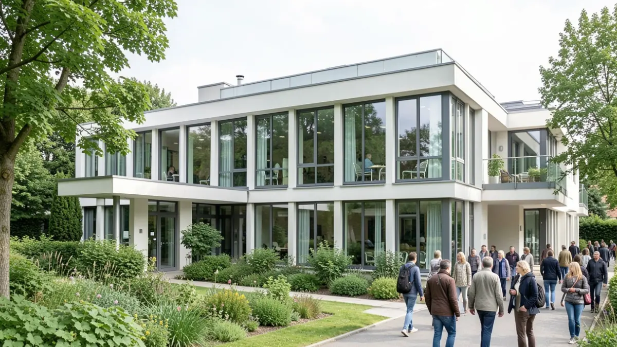 Generic image of the facade of a modern care home with large windows and green landscaping, in soft daylight.