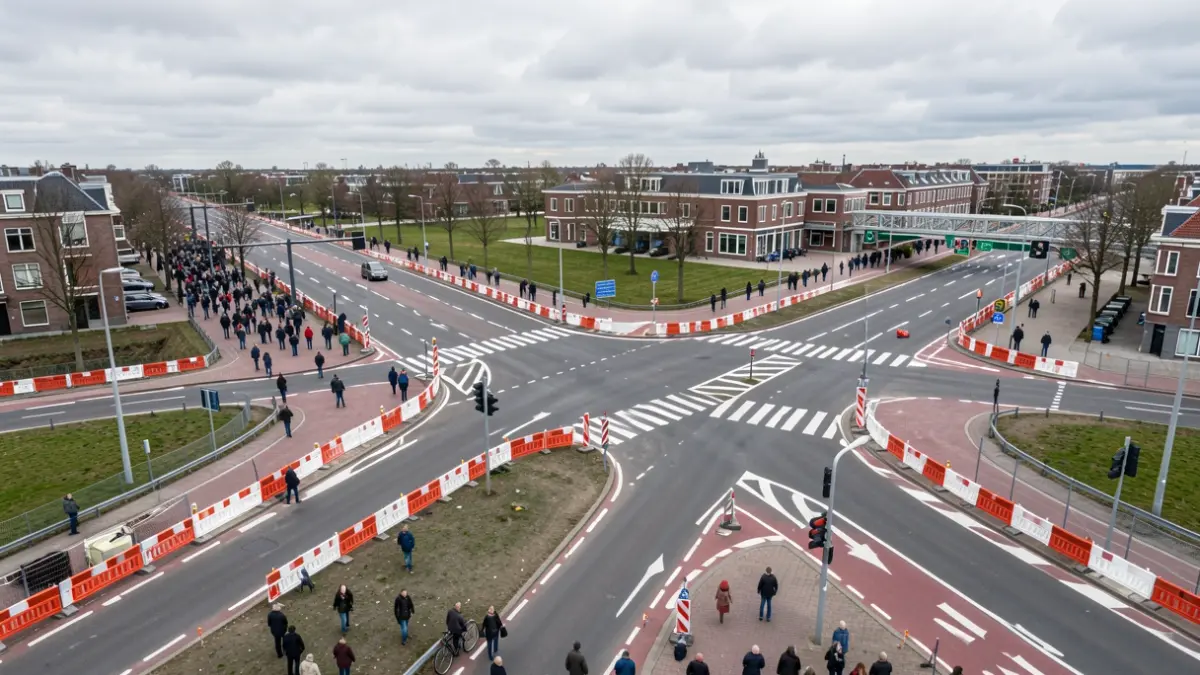 Generieke afbeelding van een complexe wejkruising met wegversperringen en tijdelijke markeringen.